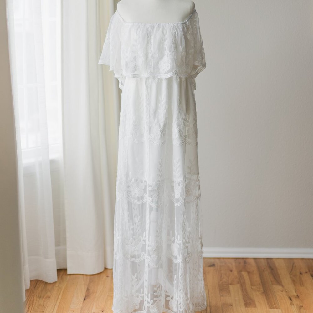 White Lace Off Shoulder Lace Maxi Dress Boho Size L - Picture 4 of 9